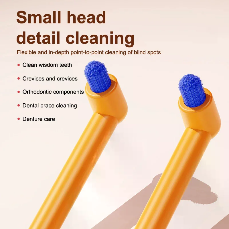 فرشاة بين الأسنان، فرشاة صغيرة للأسنان، تنظيف بتفاصيل ناعمة، تصميم مائل، لون برتقالي، تنظيف تجويف الفم العميق