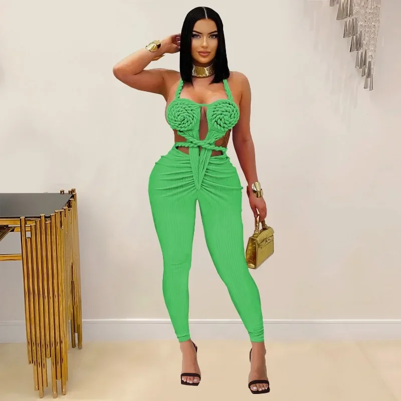 

GUWU Sexy Halter Neck Knit Ribbed Ruched Stacked Jumpsuits Women Summer Vacation Beach Romper Playsuit One Piece Set Outfits