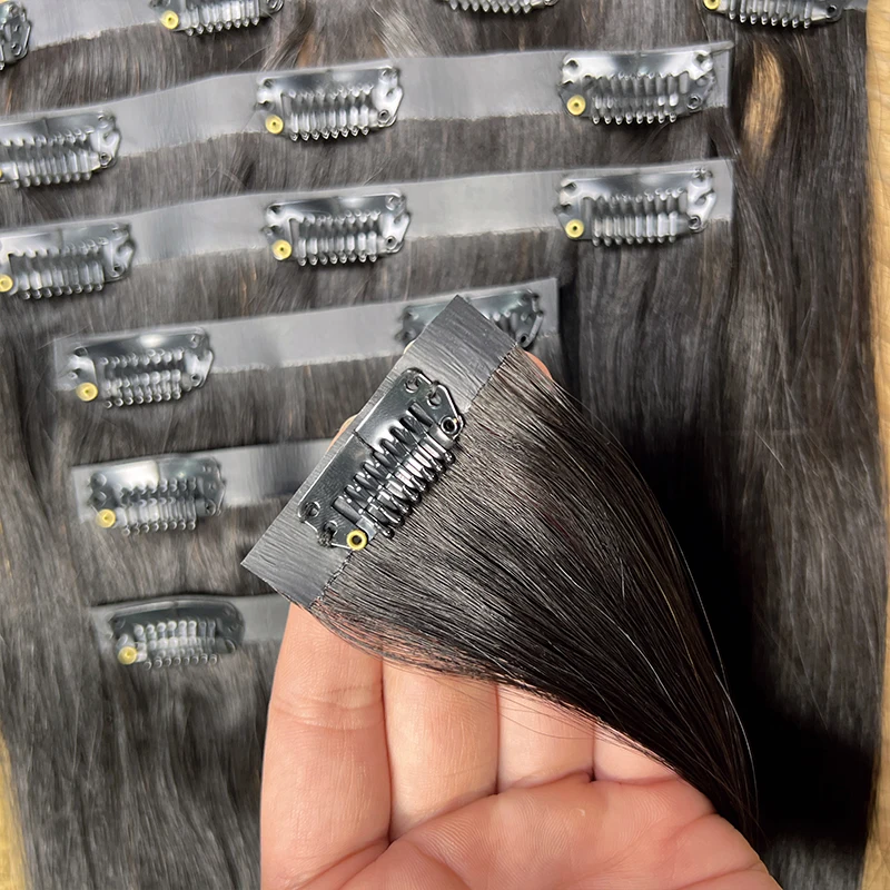 Invisible Seamless Clip Ins Bone Straight Human Hair Unprocessed Raw Hair PU Weft Extensions Full Head 7Pcs/Set Clip on Hair