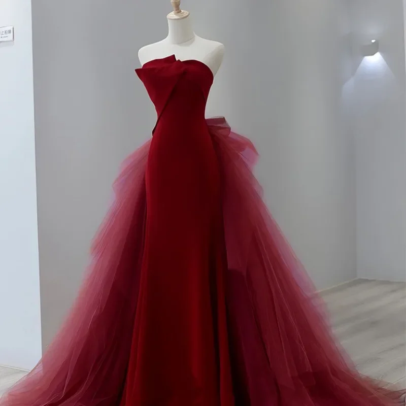 Red Strapless Evening Derss Women Trumpet Slim Party Gown Designed Mesh Quinceanera Customized Elegant Vestido Long Robe