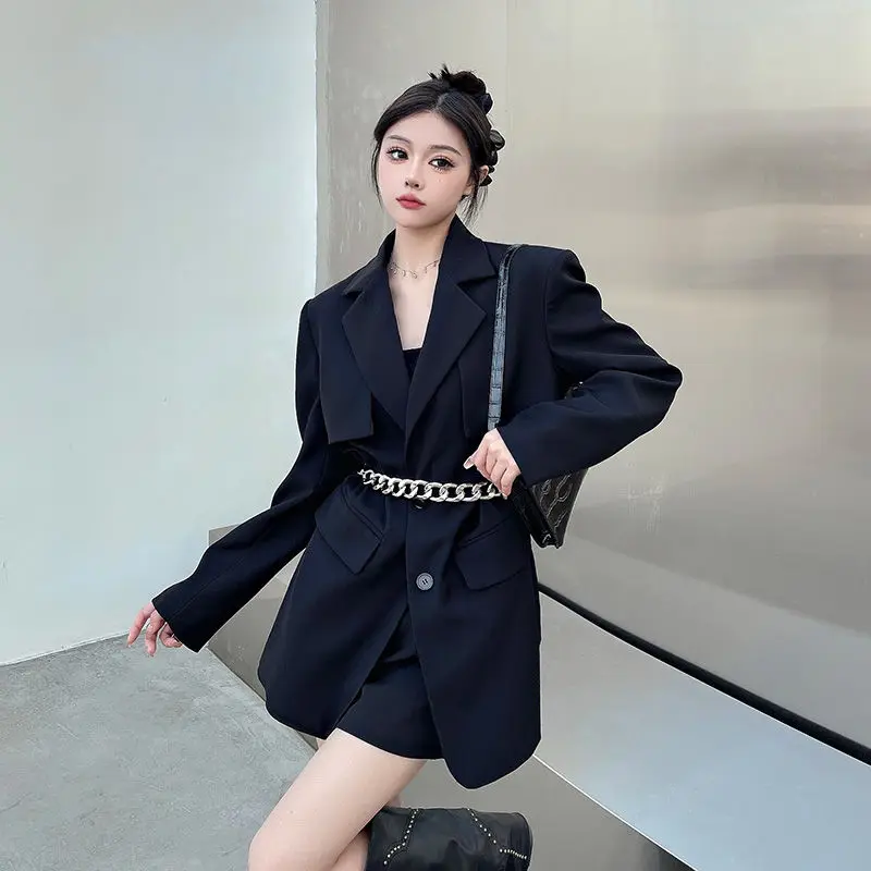 New Women Black Profile Waist-Tight Suit Jacket Female Temperamental Niche Design High-Grade Outwear Casual Trendy Outcoat