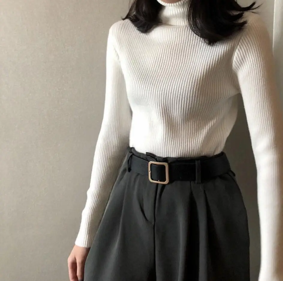 JMPRS Soft Women Pullover Sweater Elastic Long Sleeve Knitted Jumper Fall Turtleneck Black Black New 2023 Sueter Mujer