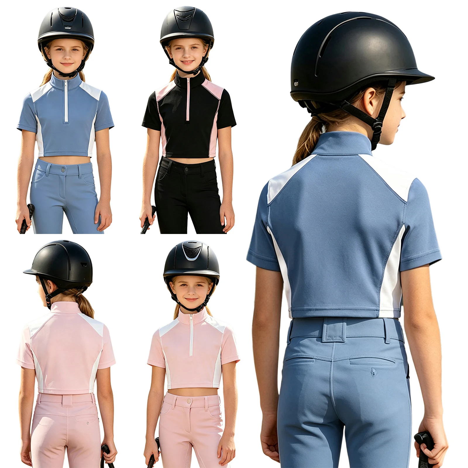 Kids Girls Sports Equestrian Shirt Horse Riding Clothing Short Sleeve Half Zip Athletic Shirts Tops for Golf Tennis Horsemanship - view 5