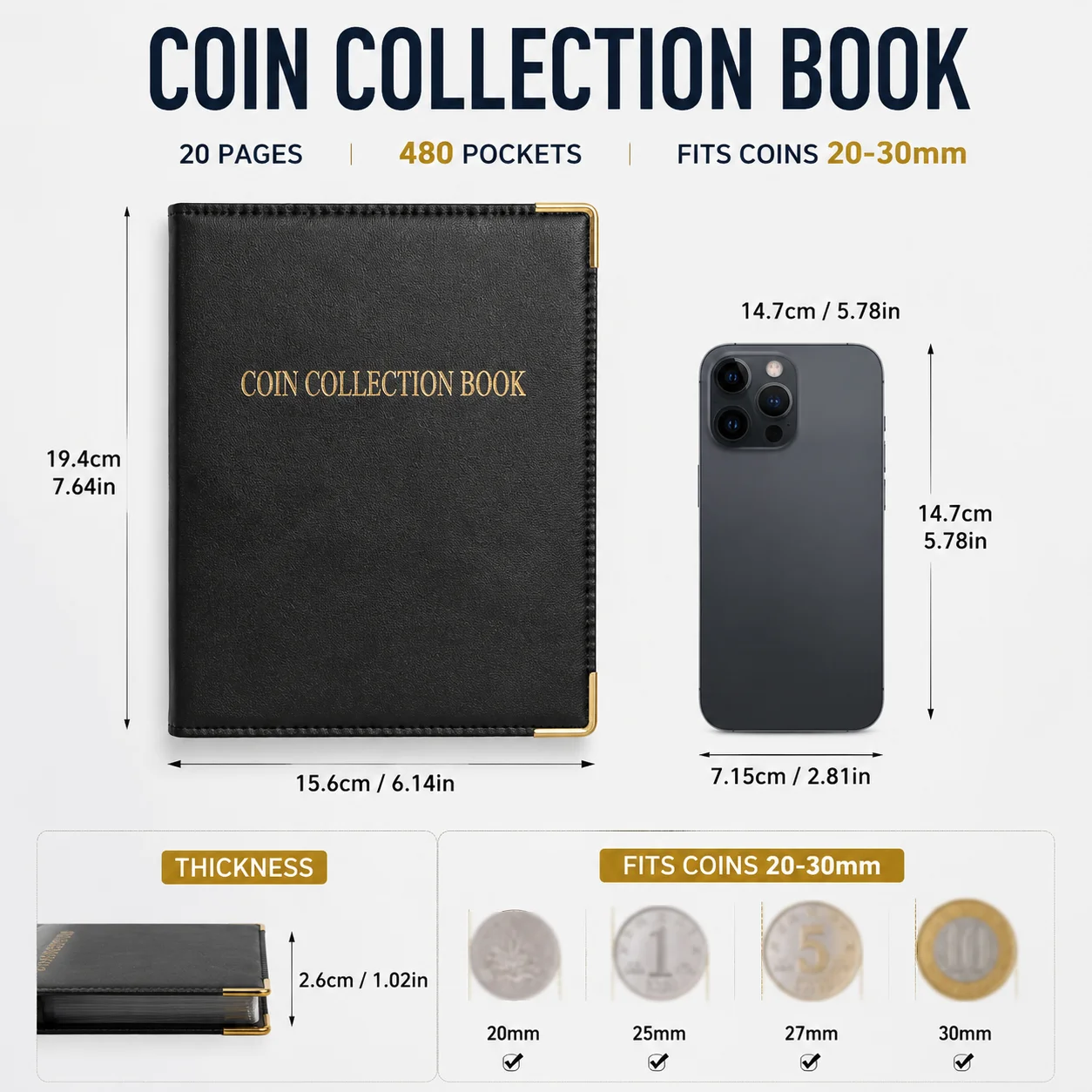 480Pockets Large-capacity Coin Collection Book 20 Pages Coin Collection Holder Album Commemorative Coin Storage 20/25/27/30mm