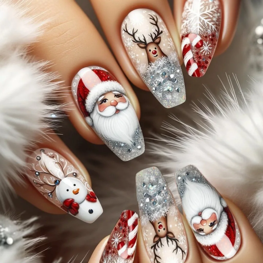 Mittellange künstliche Nägel für Weihnachtspartys, süßer Schneemann, Weihnachtsmann, Schneeflocke, quadratische Mandel-Spitzen, zum Aufdrücken, künstliche Nagelkunst