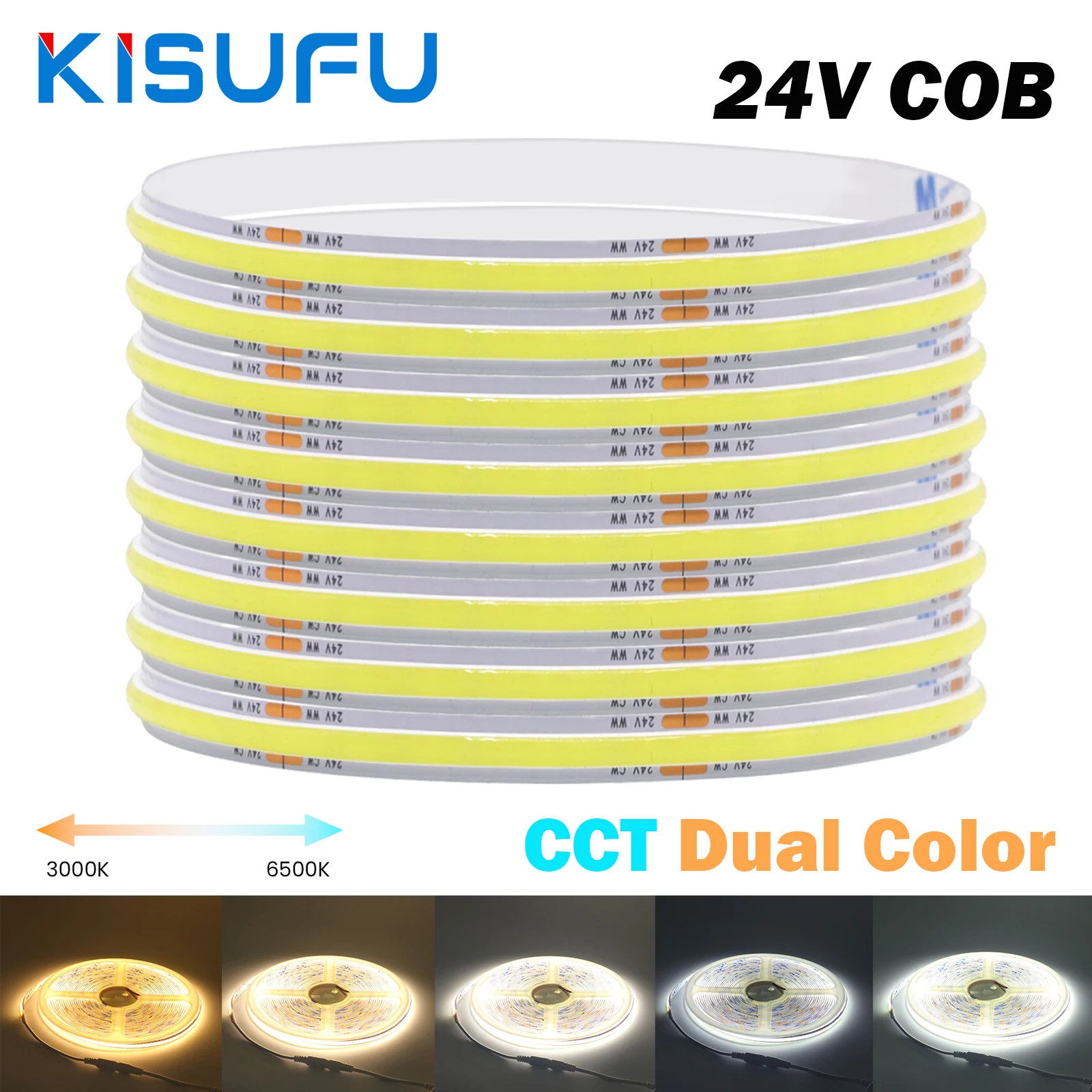 CCT COB LED Strip Lights 24V 480 LEDs/M 2700K to 6500K High Density Dimmable Ribbon Tape Dual-Color for Home Room Lighting 1-10M