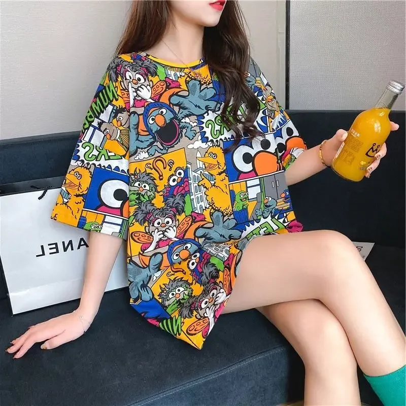 Spring Summer Tide New Cartoon Short -sleeved T -shirt Female Loose Mid -length Half -sleeve Top Women's Clothing