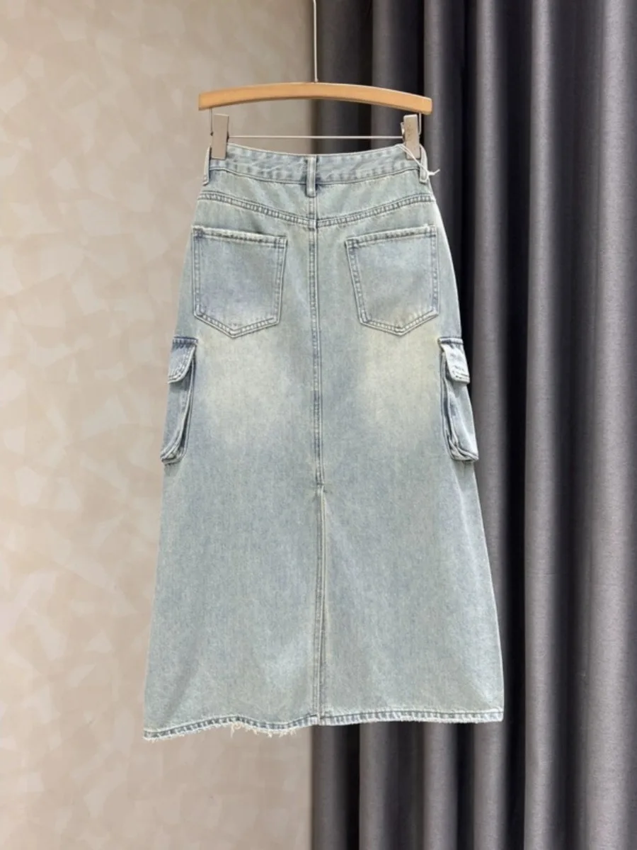 Slimming Long Denim Skirt with 3D Pockets for Women Summer New Style Commute High Waist Cotton Leather Washed A-Line Skirt