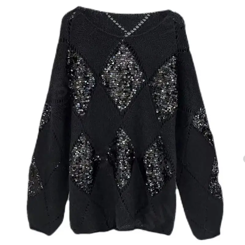 Korean Solid Color Hollow Out Jumpers Spring Autumn Long Sleeve Women\'s Clothing Casual Loose Fashion Sequined Knitted Sweaters