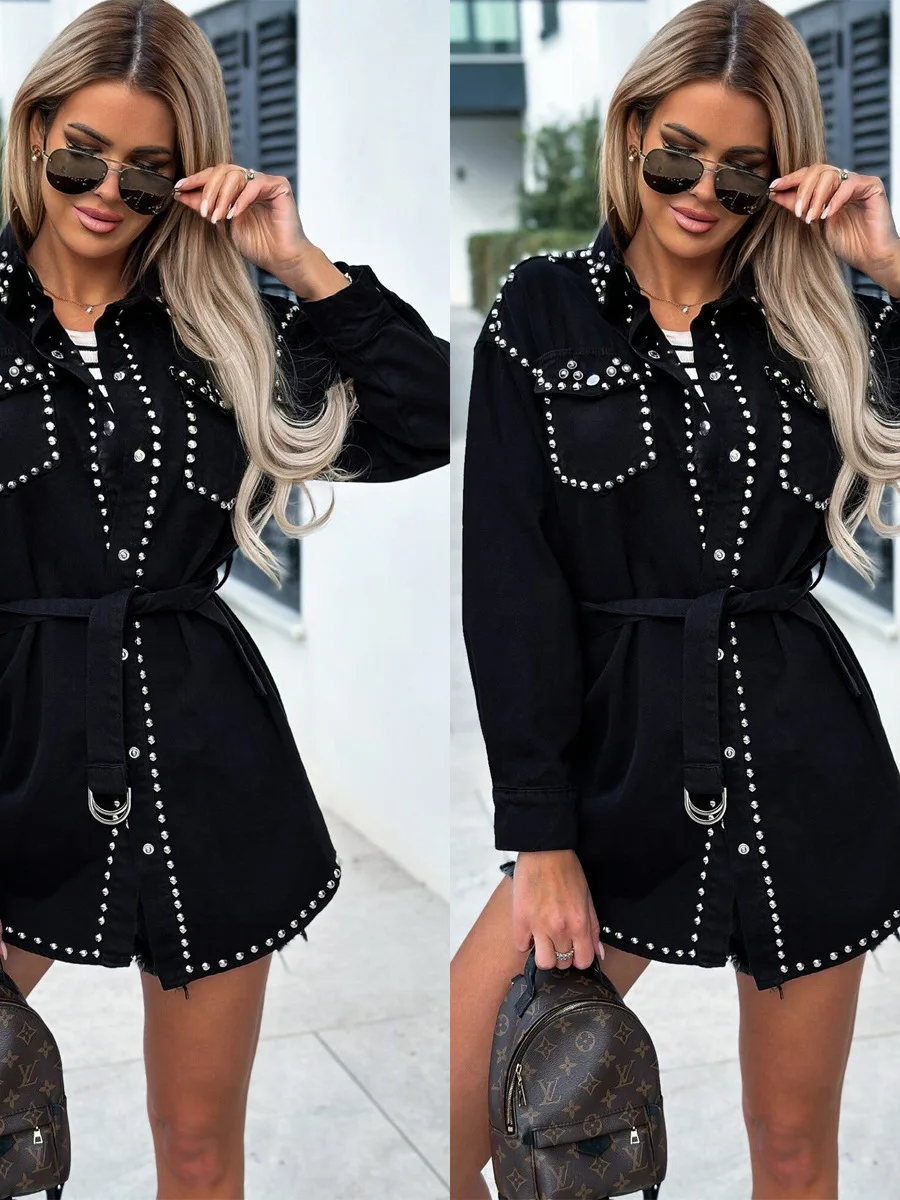 

Retro Street Sle Rivet Loose Denim Jaet for Women New Youth Faion Cotton Blend Long Sve ort Coat Collar