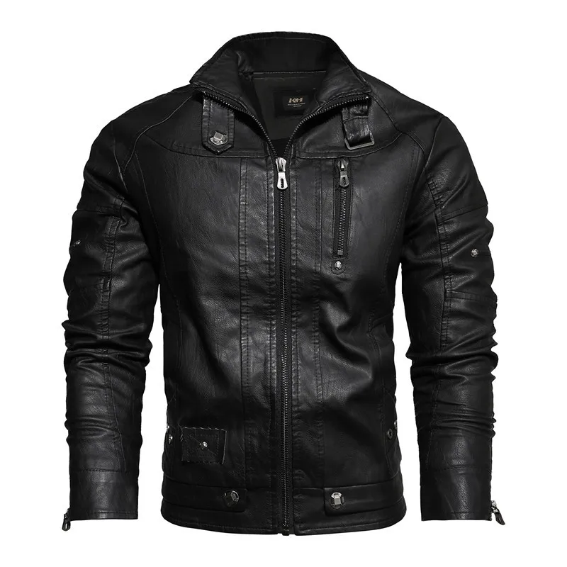 

European American Vintage New Fashion Men's Solid Color Simple Basic Casual Trendy Stand Collar Zipper Faux Leather Jackets Coat