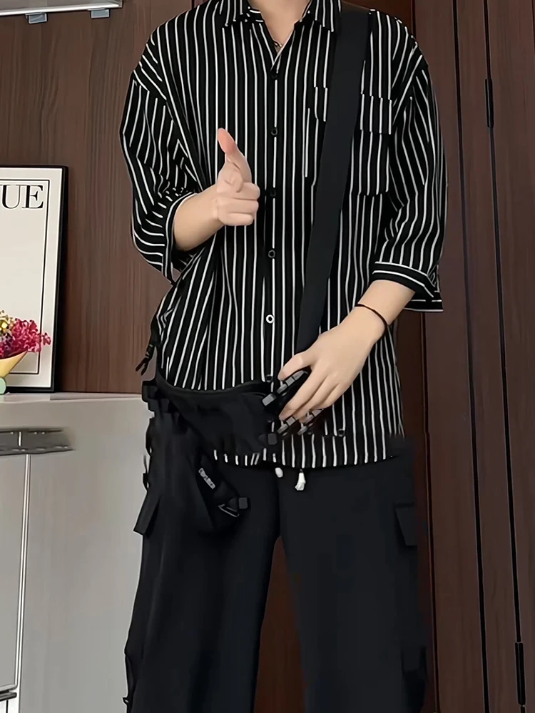 

Мужская летняя тонкая рубашка из ледяного шелка с полосками, свободного кроя, дышащая, с защитой от солнца, верхняя одежда из полиэфирного волокна, американский стиль