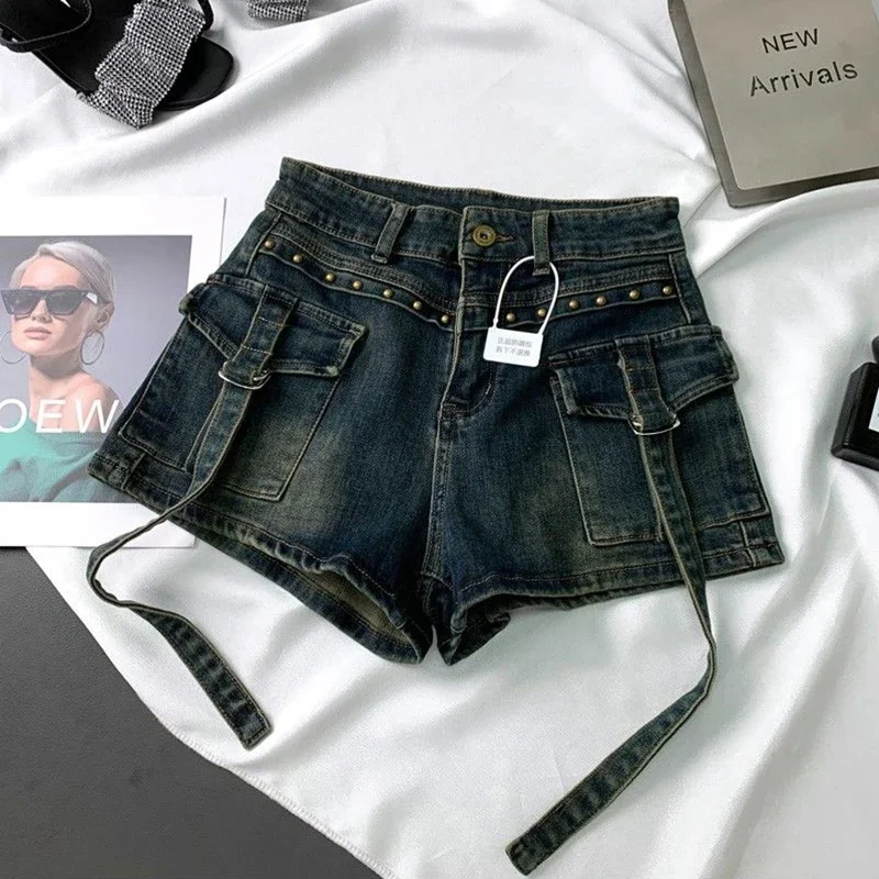 Y2K 2000S Cargo Denim Shorts Women Streetwear Vintage High Waist Shorts Jeans Summer Harajuku Korean Sexy Hot Short Pants New