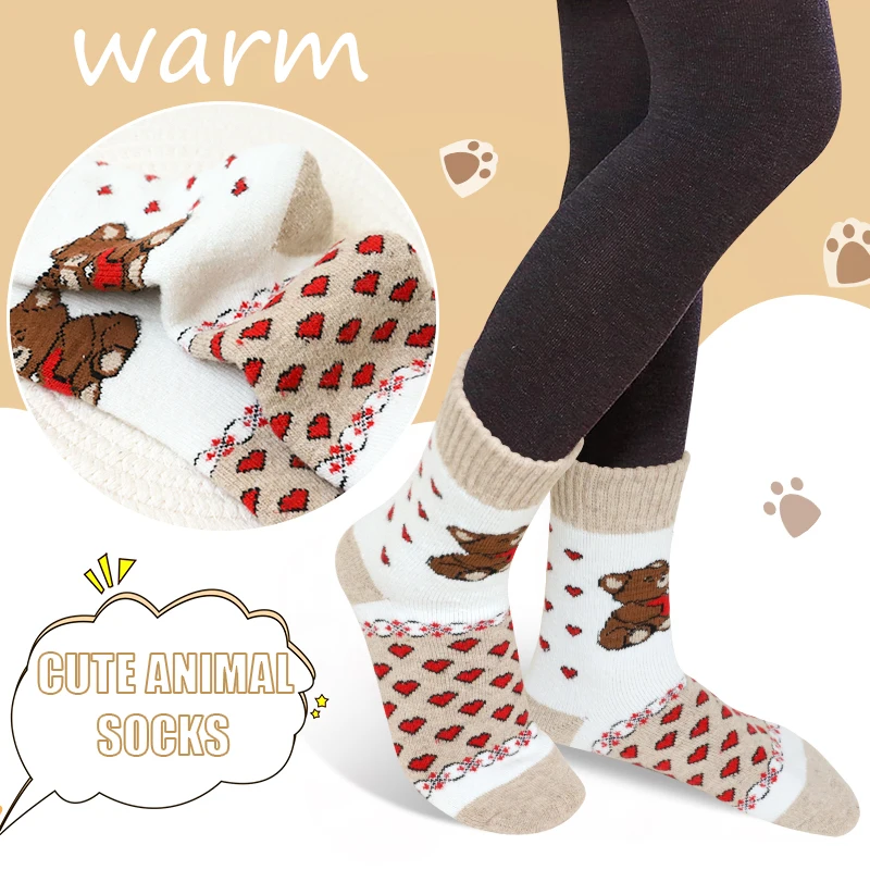 4 Pairs Women Bear Heart-shaped patterned Fleece Lined Warm Knit Socks Winter Cold-proof Sports Crew Sock Outdoor Activity