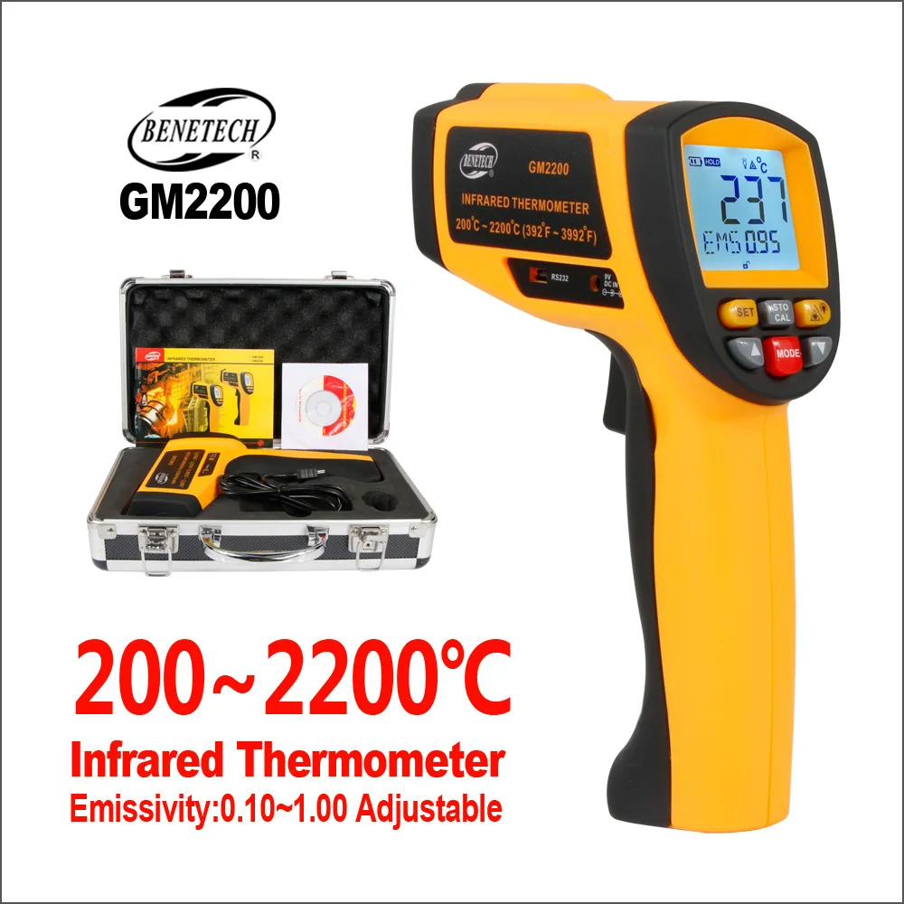 BENETECH Infrared Thermometer Non-Contact Digital IR Thermometer Tester Temperature Range 200-2200C GM2200 Laser Thermometer