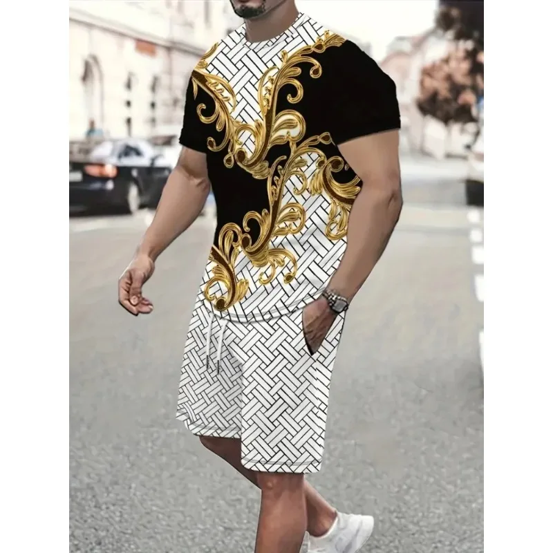 2025 Men's Summer Casual Short Sleeved Shorts 2-piece Set with Unique 3D Geometric Printing Outdoor Sports Polyester Fiber