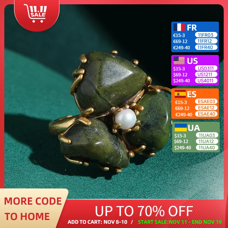 

Vintage Dark Green Agate Natural Stone Rings For Women Three Petal Flower Elegant Pearl Gold Color Jewelry Quality Wedding 2025