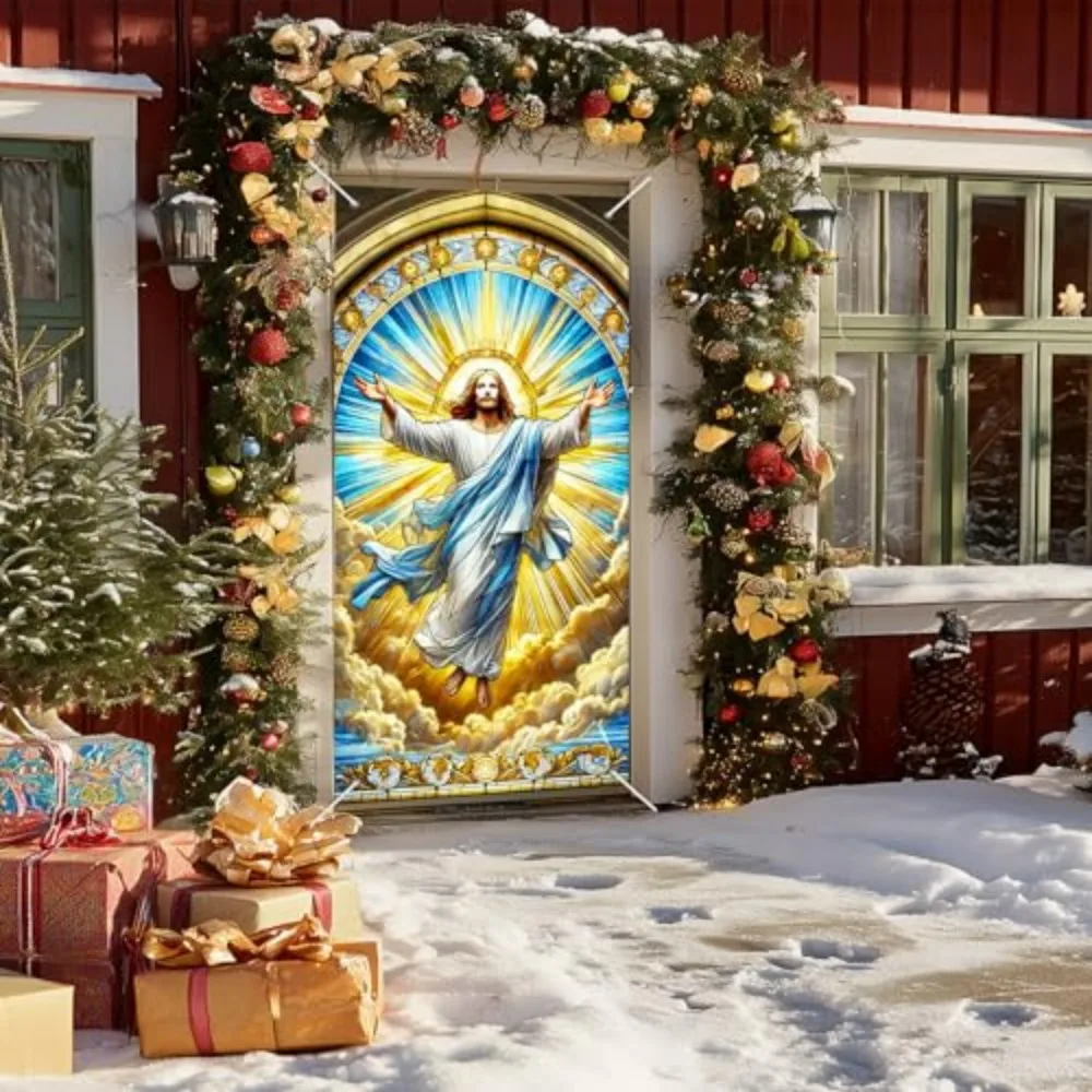 VIKAMA Stained Glass Jesus Christ Religious Door Banner with Glory Light Clouds for Indoor Outdoor Christmas Decor