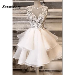 Ivory Graduation Dresses 2024 Short Organza Tiered Lace Applique Flowers Sleeveless Scoop Neck Ball Gown Sheer Neck Party Gowns