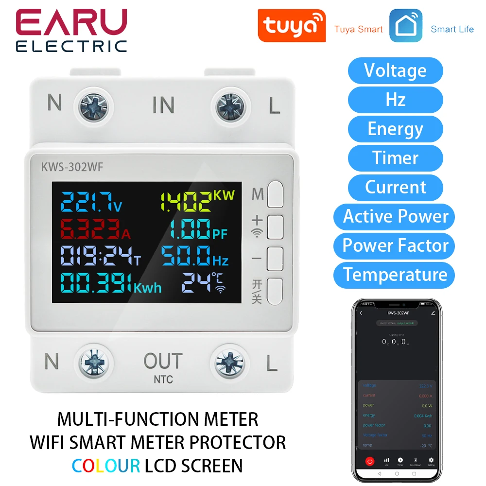 Tuya WiFi Smart AC 220V 63A Power Meter 8in1 Color Screen Multi-function Energy Power Voltage Amps Watt Meter Remotely Control