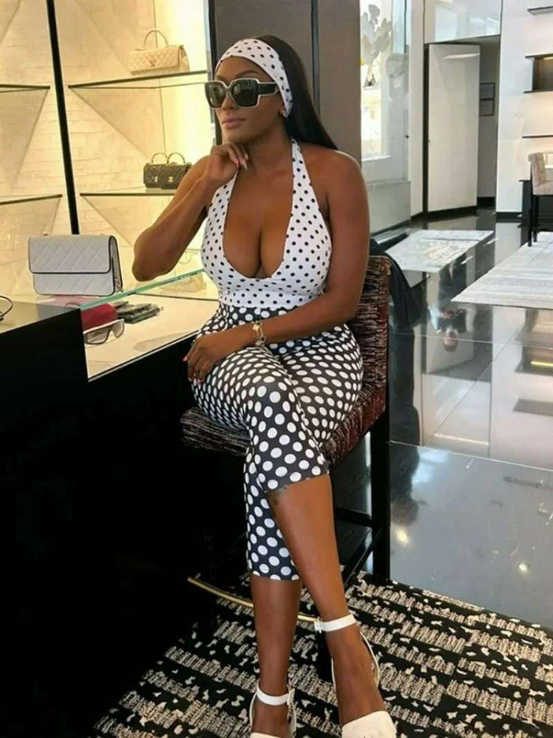 

Fashion Sexy Polka Dot Print Bodysuits Women's 2026 Halter Neck Sleeveless Jumpsuits Female Backless Bodycon Overalls Streetwear