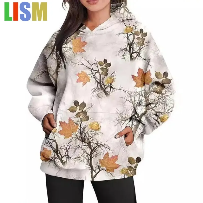 

LISM women's winter clothes y2k hoodies sweatshirt 2025 3D digital printed Long sleeved camouflage jungle maple leaf branches