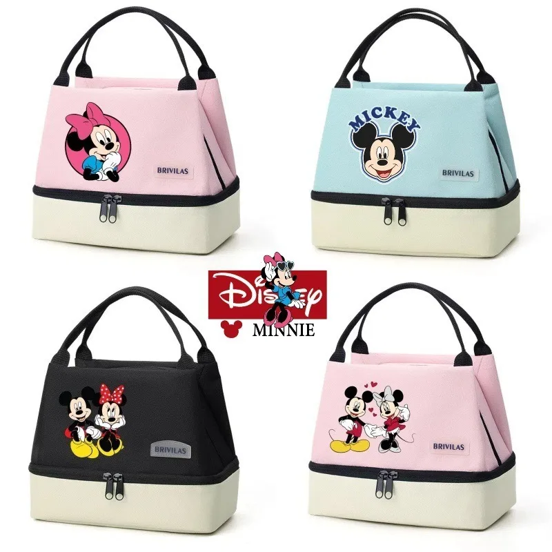 

New Color Block Mickey Print Tote Bag Double Layer Insulated Lunch Bag for Women Travel Cooler Bags for Woman