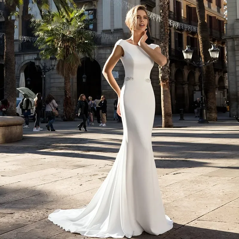 Vestido de Novia largo de sirena de lujo, nuevo Vestido de Novia sexy con cuello redondo, Espalda descubierta, calcomanía con cuentas, manga de sombrero, 2024