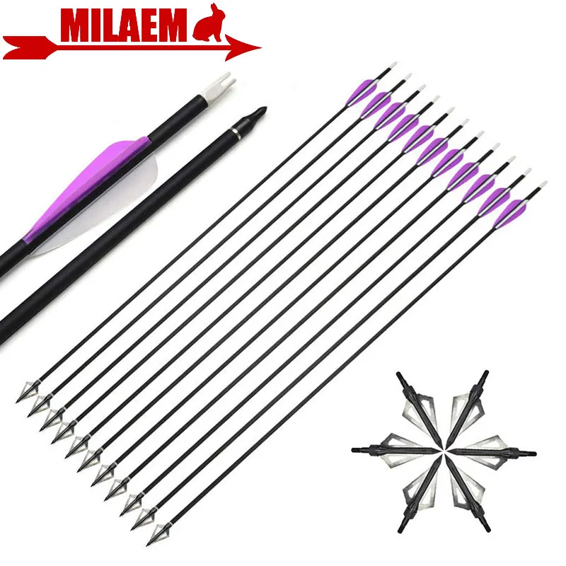 

6/12pcs 32inch Archery Carbon Arrow Spine 500 ID6.2mm Rubber Feather 100gr Blade Arrowhead Recurve/Compound Hunting Accessories