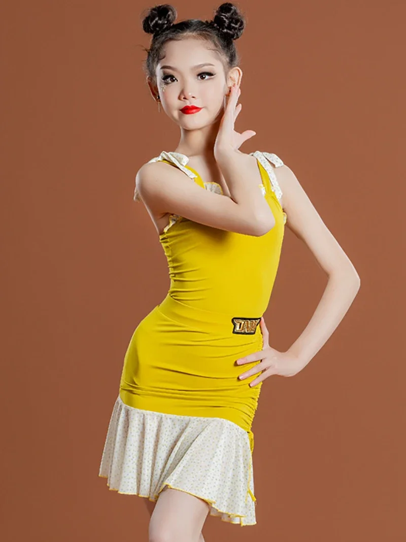 

Kids Girls Latin Dance Clothes Yellow Tops Skirt Rumba Tango Cha Cha Ballroom Stage Performance Costume Practice Dancewear