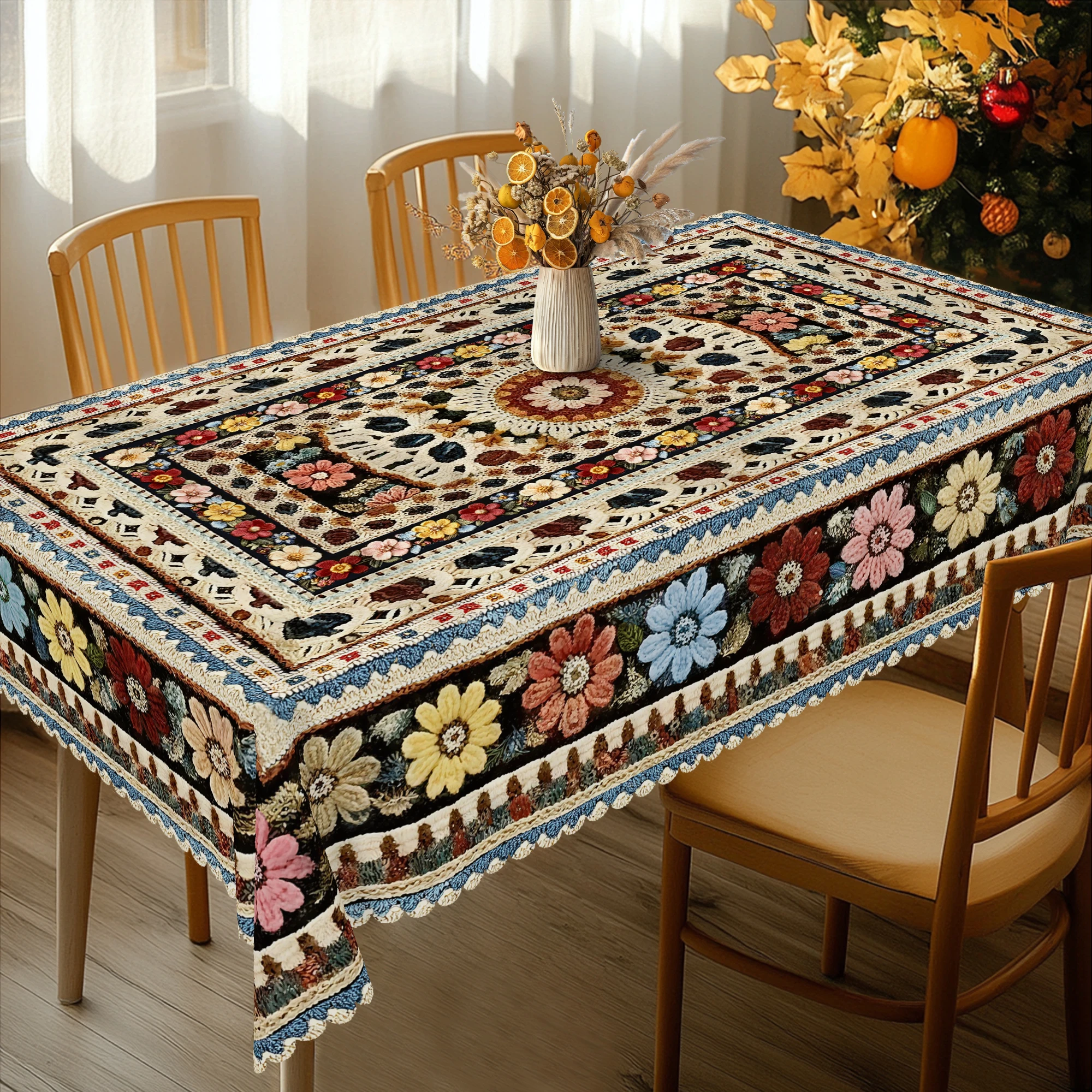 1 Piece Floral-Themed Printed Tablecloth, Vintage Farmhouse Style, Embroidered Floral Pattern Design, Suitable for Spring and Summer Wedding Season, Mother's Day, Anniversaries, Camping, Picnics, Holiday Gatherings, Birthday Party Decorations, Kitchen Accessories, Tablecloths for Indoor and Outdoor Use in Restaurants, Patios, and as a Perfect Gift for Friends