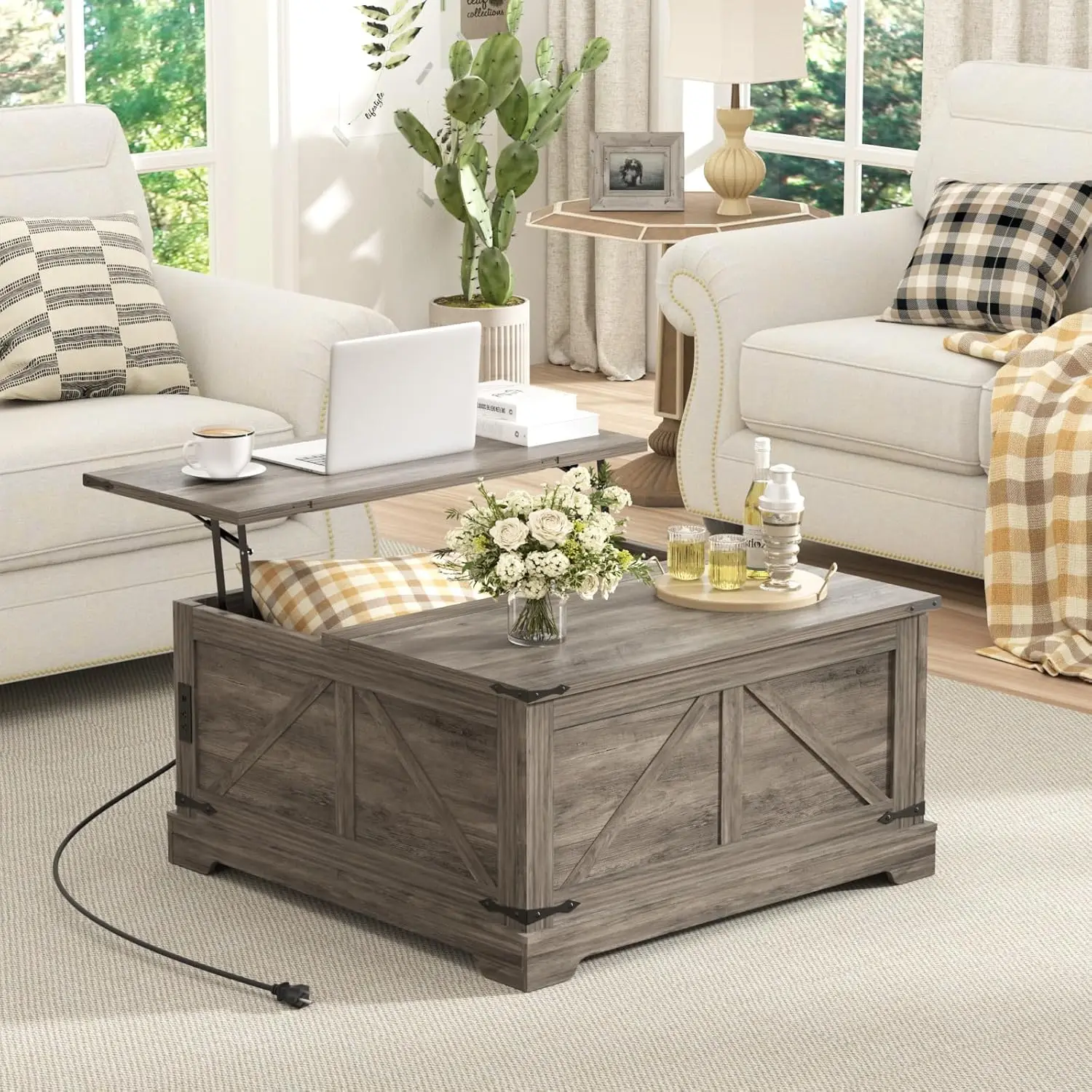 

Farmhouse Lift Top Coffee Table With Storage, 31.5"" W Wood Square Center Table With Charging Station, Rustic Cocktail Tables