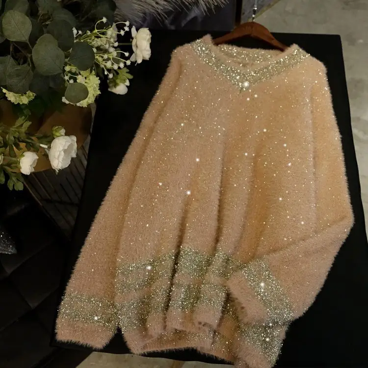 2022 New Winter Fashion Bright Silk Sparkling Women Sweaters Loose Lazy Wind Thicken Mid-long Pullovers V-neck Knitting Top