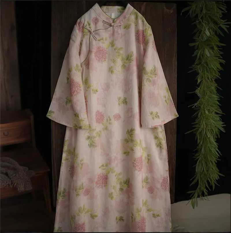 Limiguyue Summer Literary Ramie Dress Women Stand Collar Loose Robe Dresses Retro Buckle Flower Printed Vestidos Cheongsam F781