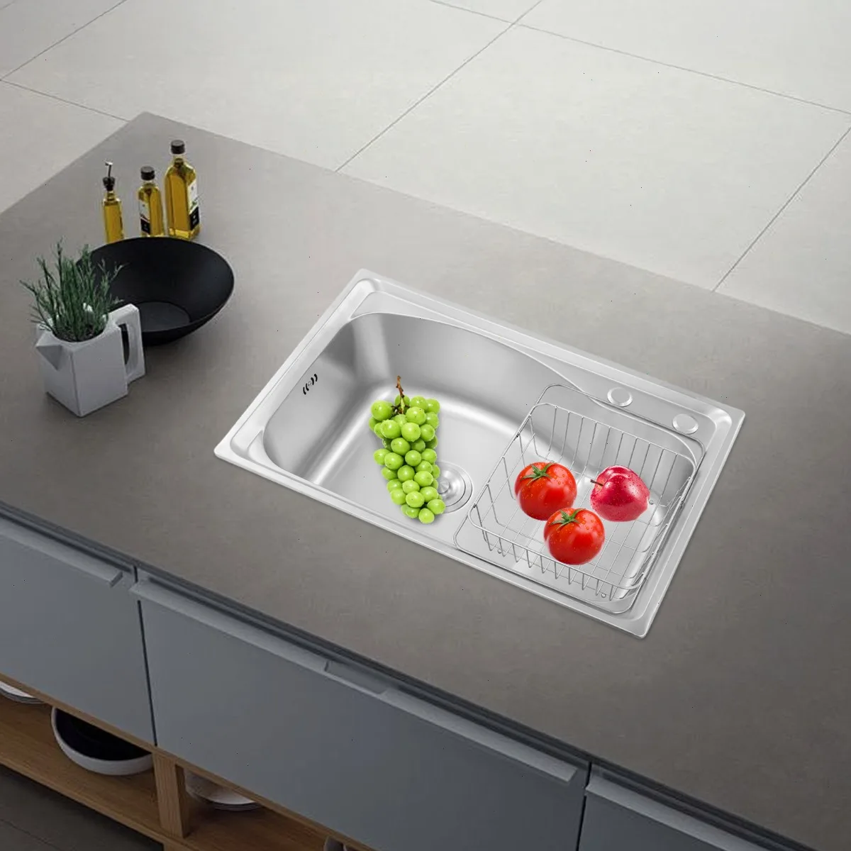 Fregadero de Cocina de Acero Inoxidable 65x44cm con Cesta de Drenaje, Colador, Orificio de Desbordamiento, Fregadero Individual de Montaje Inferior para Mueble