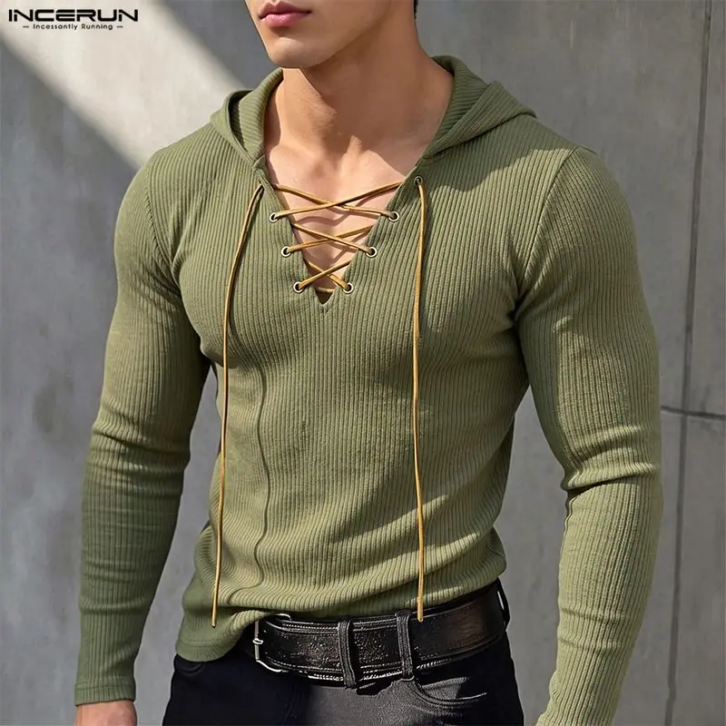 INCERUN Men's T Shirt Solid Color Hooded Lace Up Long Sleeve Casual Tee Tops For Man Streetwear 2026 V Neck Stylish Men Clothes