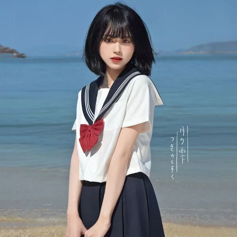 

3PCS Set Sailor JK Uniform Cosplay White Shirt Navy Blue Pleated Skirt Bow Tie Suit for Women Daily Wear Halloween Party