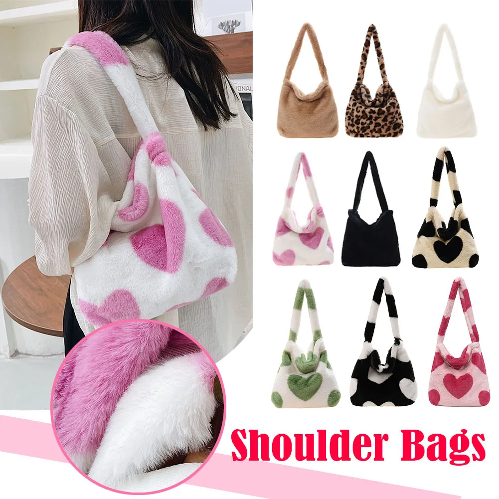Women Fashion Plush Shoulder Bag Cute Heart Furry Messenger Bag Cartoon Plush Tote Bag Soft Stylish Underarm Bag Daily Sling Bag