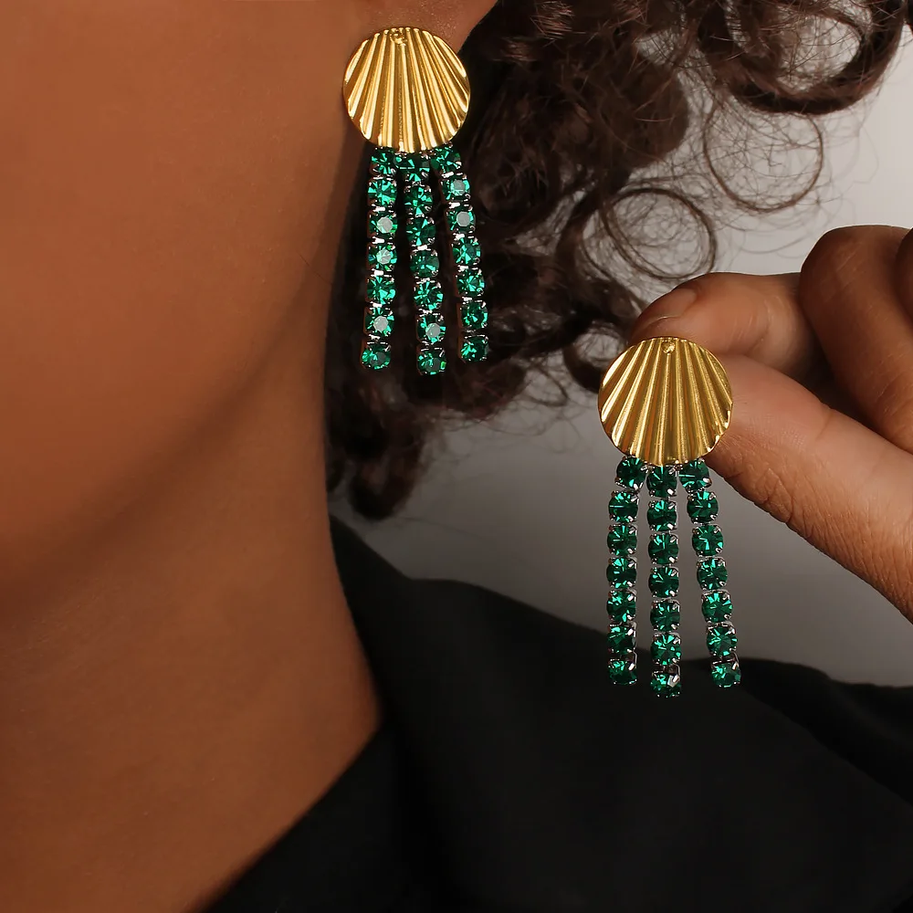 DIY accessories Bohemian ethnic style light luxury zircon long earrings stainless steel antique colorful fringed women's earring