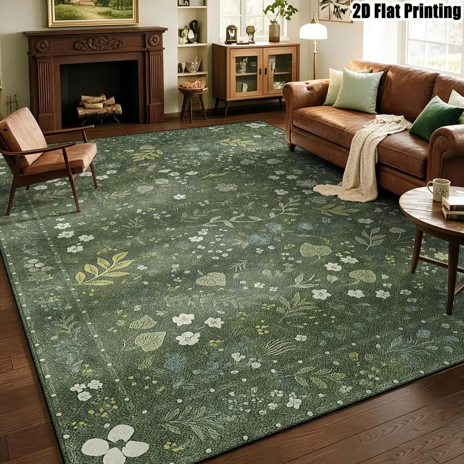 1Pc 2D Printed Deep Green Floral Leaf Nordic/Instagram Style Minimalist Vintage Carpet: Home Decor, Multi-Size, Machine Washable, Suitable for Entrance, Dining, Foyer, Bedroom, Living Room