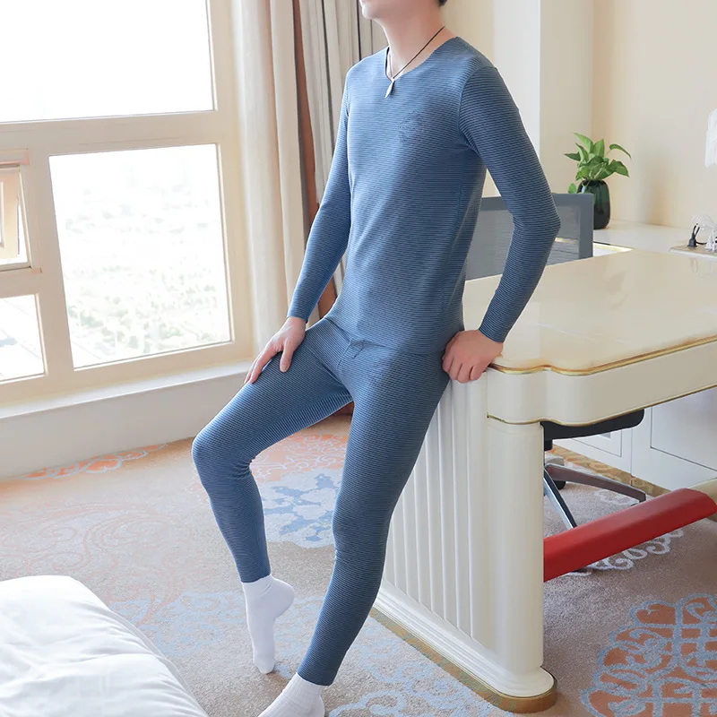 Men's Double-sided Velvet Striped Thermal Underwear Suit Autumn/winter Warm Top and Pants Set Thin Base Shirt Legging Long Johns