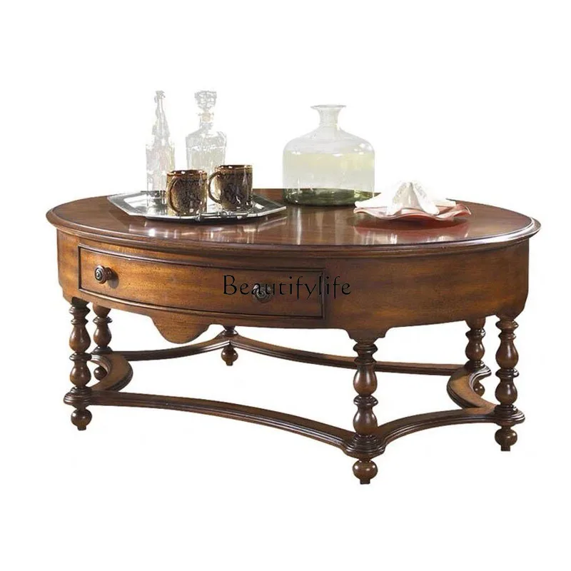 

American Country Solid Wood Vintage Oval Tea Table with Drawer Sofa Side Table