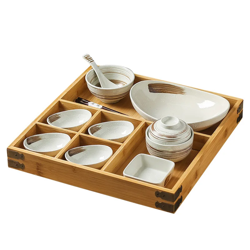 

Japanese-style homestay tableware creative ceramic retro grid plate tray Hotel restaurant commercial