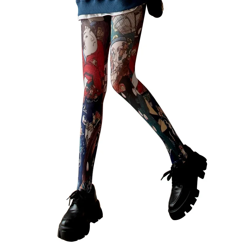 Women Retro Printed Tights Abstract Portrait Stockings Female Multicolour Fashion Pantyhose Nylon Silk Tights Ins Long Socks New