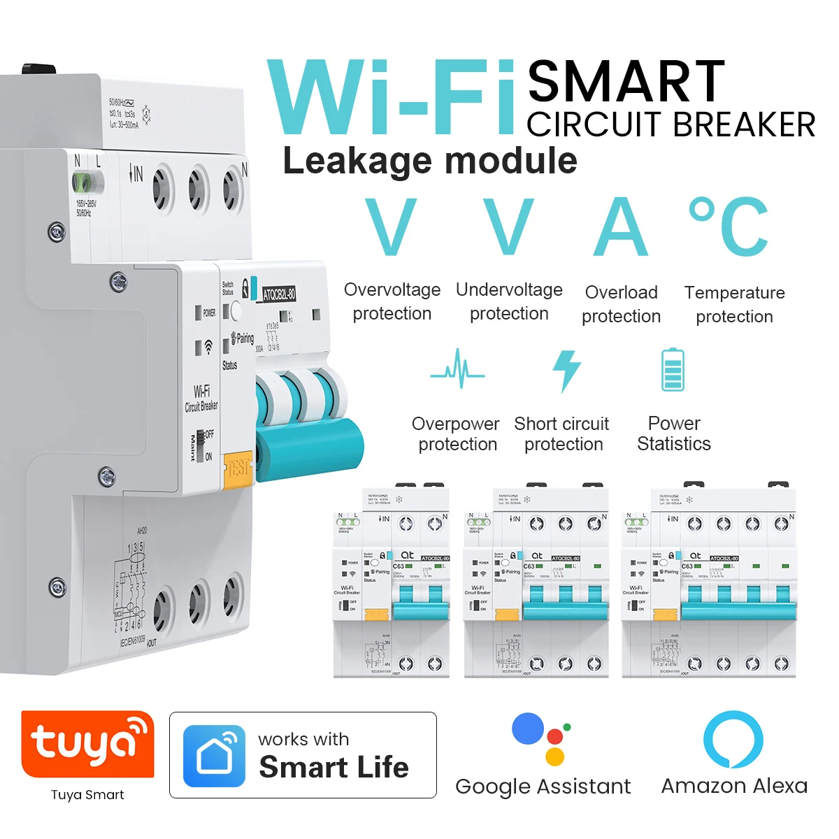Tuya WIFI RCBO Intelligent Circuit Breaker with Metering Short Circuit Function, Leakage Protection Timer Switch