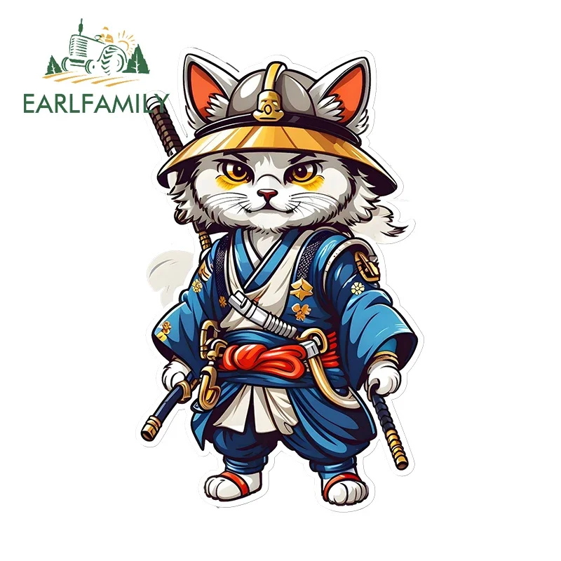 EARLFAMILY 13cm X 8.1cm For Samurai Cat Cartoon Cute Car Stickers Waterproof Fashionable Decals Car Door Protector Graffiti