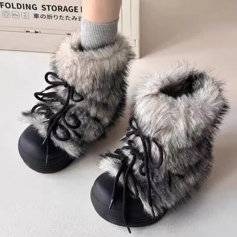 

2025 Winter New Round Head Hairy Cotton Boots Short Boots with Thick Velvet Snow Boots