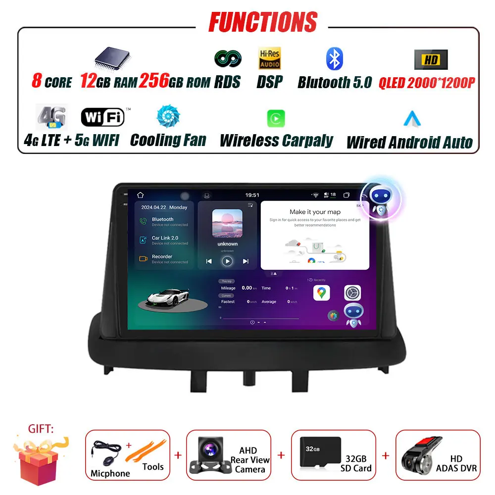 Android 16 voor Renault Megane 3 Fluence Samsung SM3 2008 - 2017 Multimedia Speler DSP CarPlay GPS Autoradio