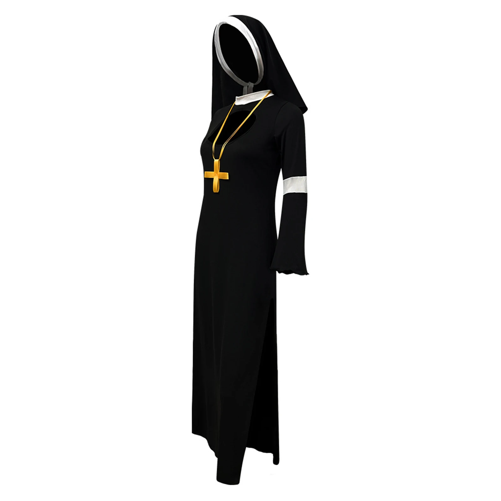 Womens Nun Sister Cosplay Halloween Outfit Flared Sleeve Cutout Front Side Split Maid Dress with Headscarf And Cross Necklace