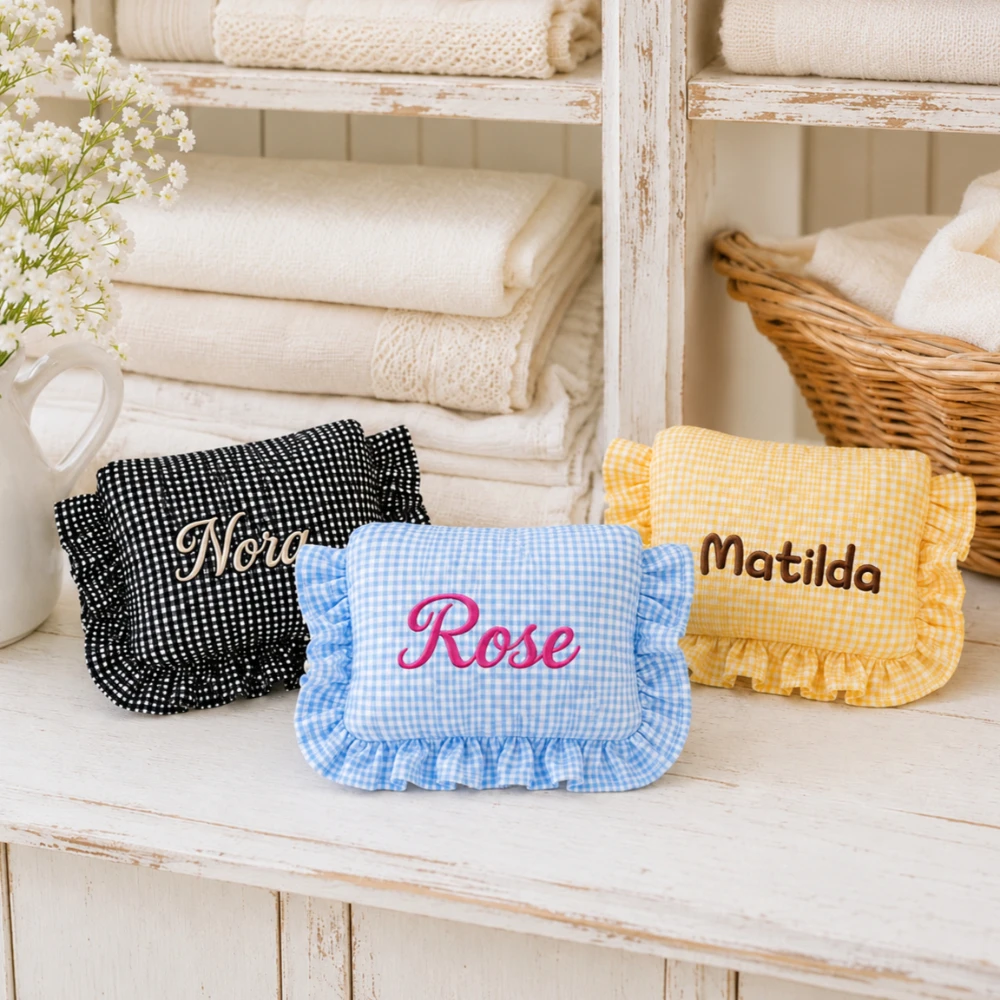 Embroidered Checkered Cosmetic Bag, Thick Stitched Ruffle Edge Makeup Bag, Portable Daily Storage Pouch Bridesmaid Birthday Gift